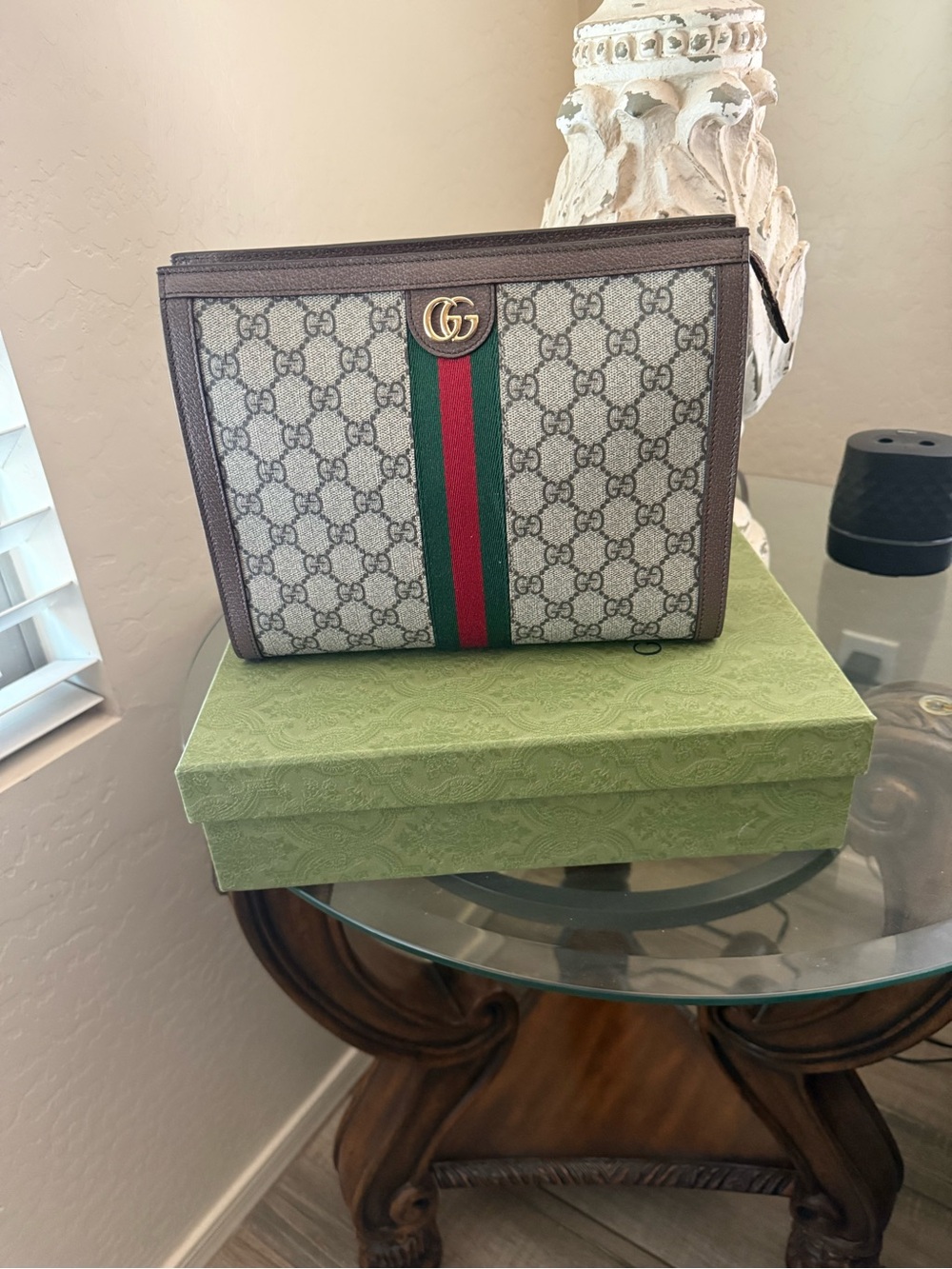 Gucci Ophidia pouch with Brown Trim and Green-Red Web